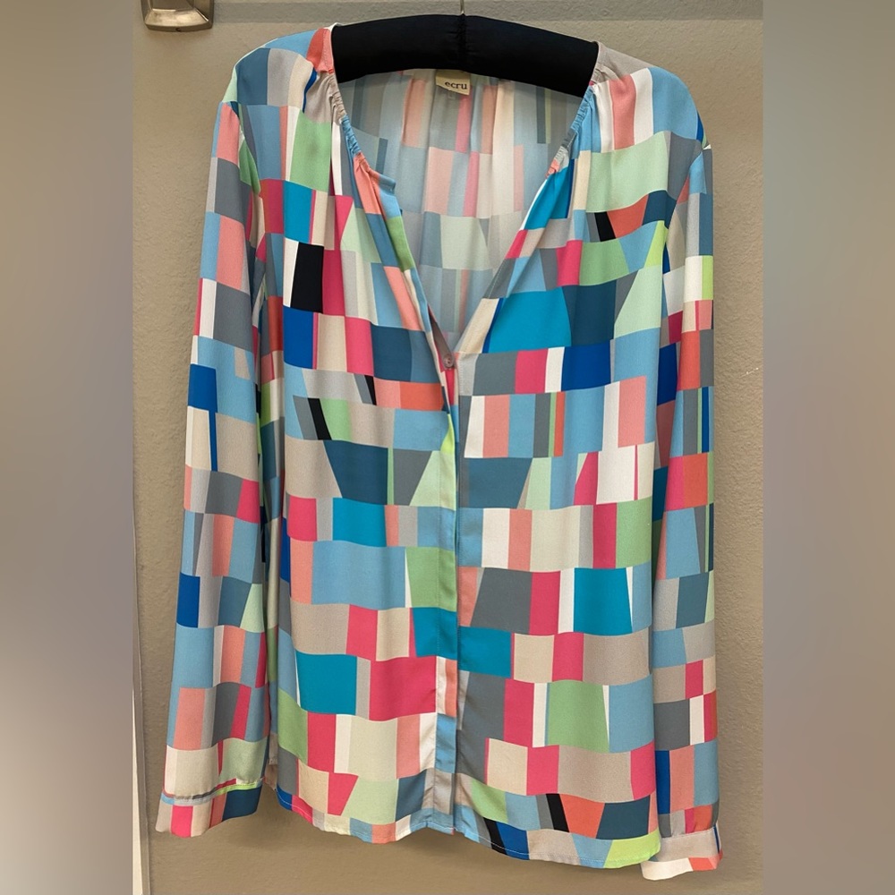 Ecru silk blouse, Large, multicolored color block with black, no collar